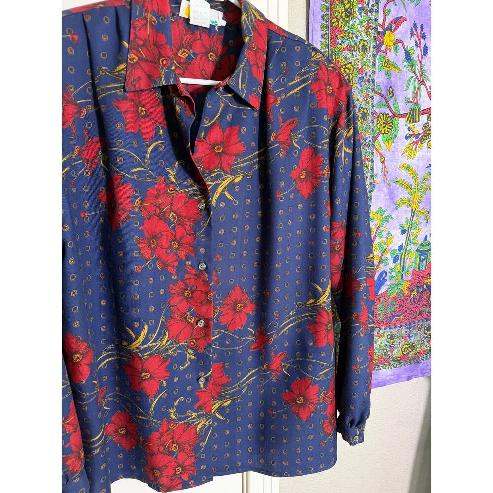 Vintage Breeches 100% Wool Floral Blouse Womens 14 Red Blue Button Shirt USA - Picture 5 of 8